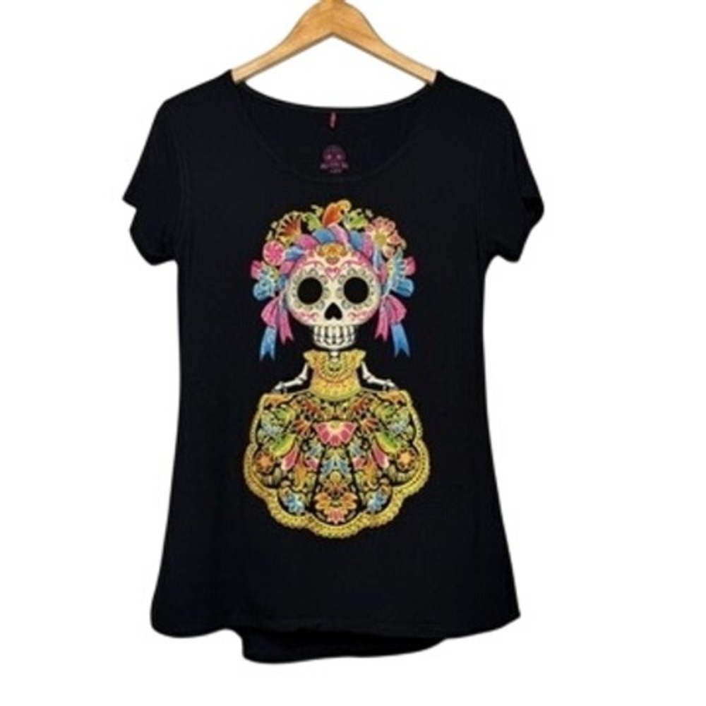 Ay Guey Womens Sugar Skull Graphic Tee Black Mexico Goth Boho XL Y2K Boho Goth